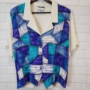 Vintage 90s Cabrais Collection Geometric Blouse Rayon Flax Blend Size L FLAW